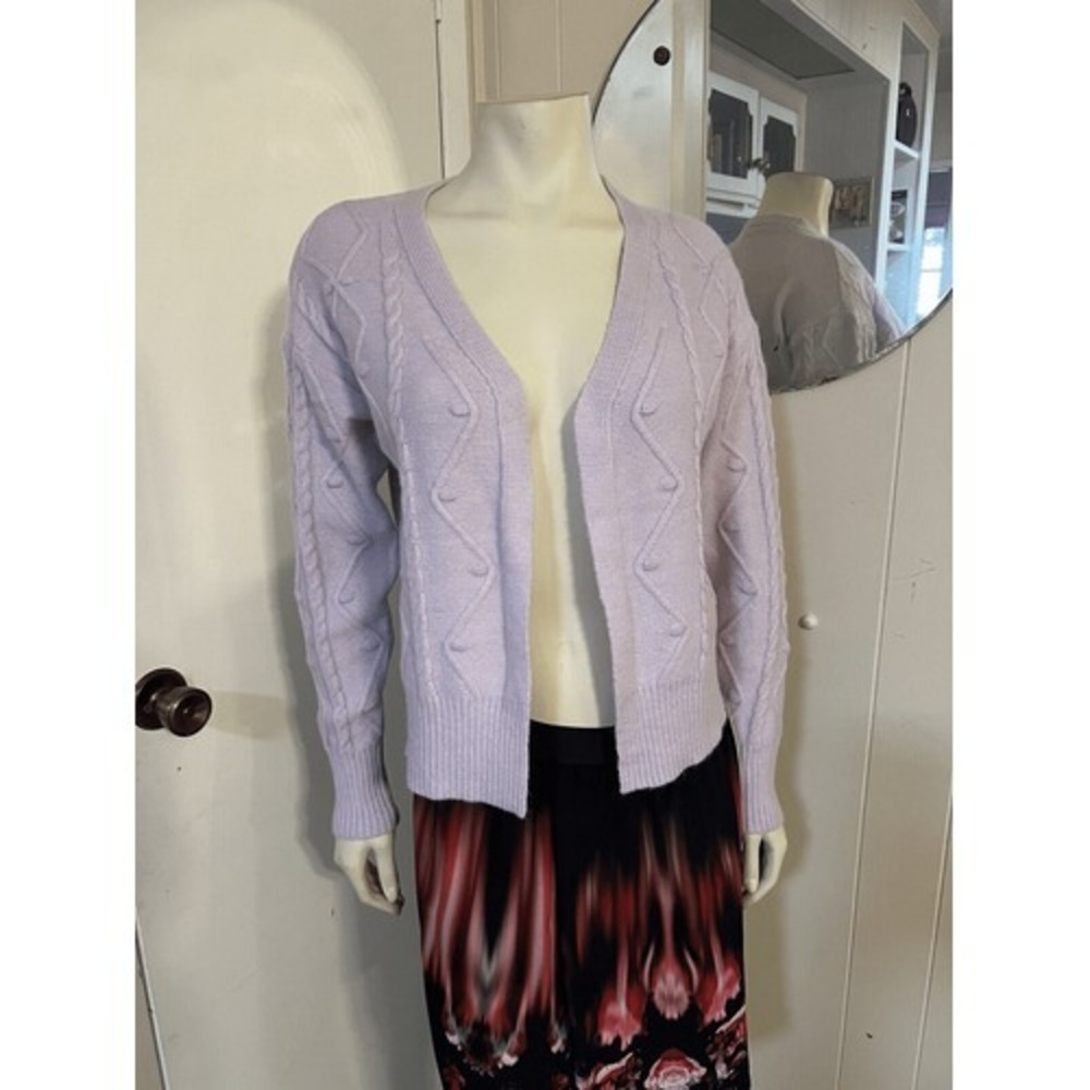 Floral Blooming Small Open Classic Cardigan Sweater Lavender Acrylic Knit NWT